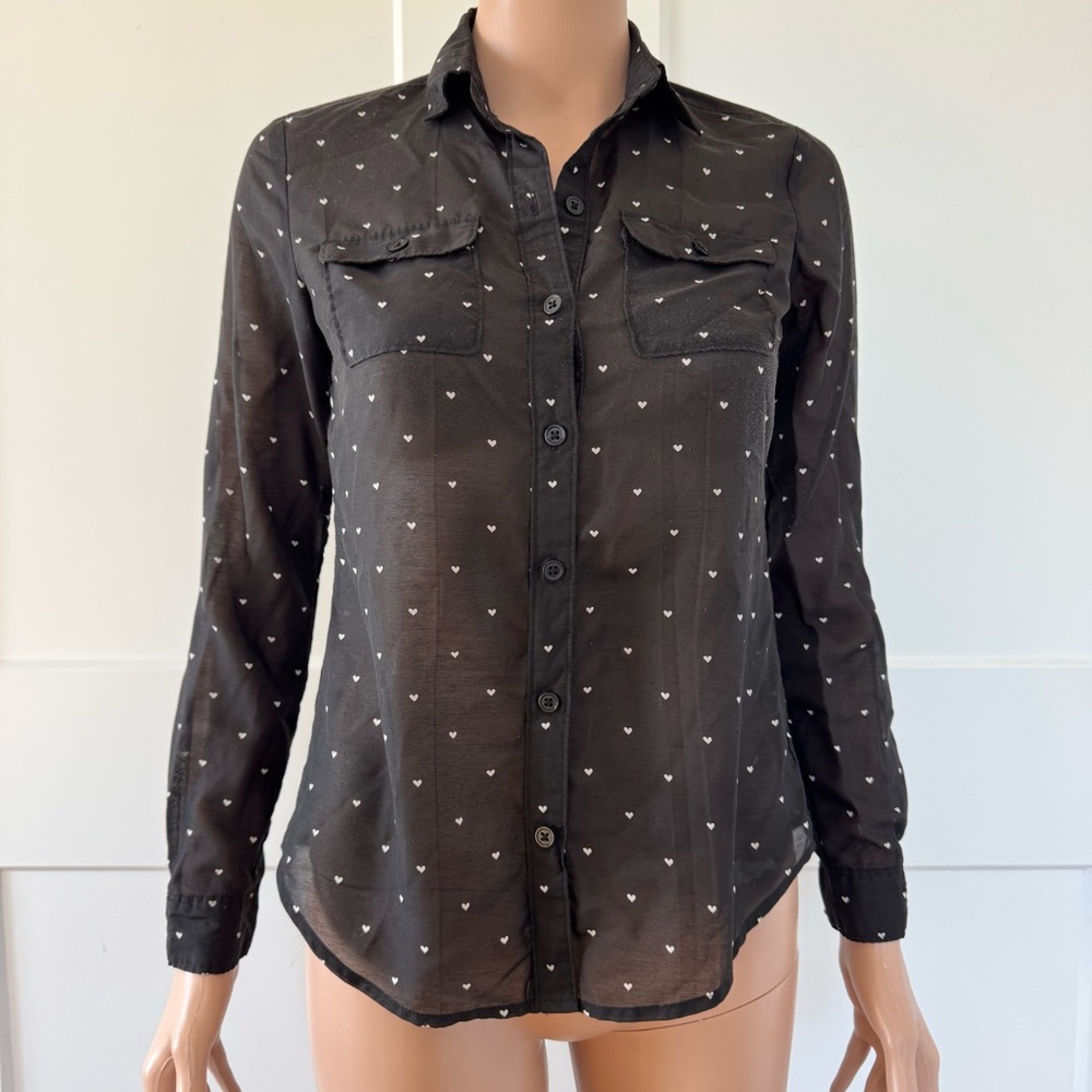 Loft Sheer Black Blouse White Hearts Long Sleeves Top XXSP XXS Petite
